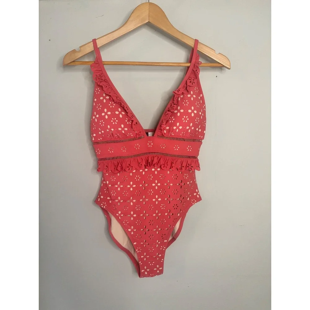 J.Crew Eyelet Ruffle One Piece Coral Cutout Feminine Resort Swim 8